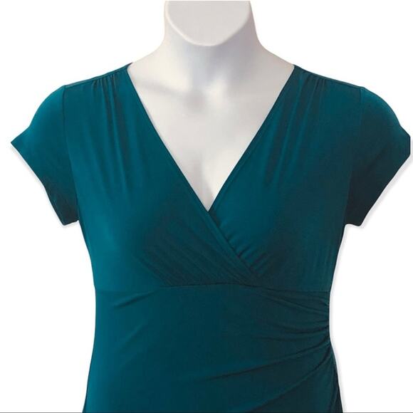AB Studio Faux Wrap Dress Cap Sleeve Fitted Teal Midi Size Medium - Picture 7 of 12